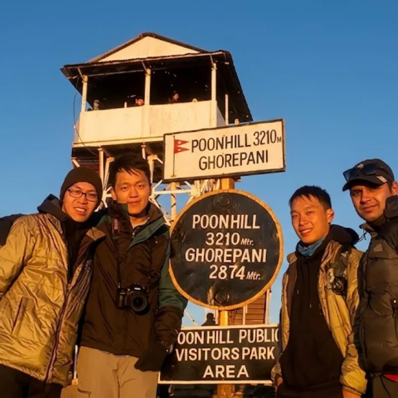 Group of four trekkers posing in front of the Poon Hill 3210m elevation sign and wooden watchtower.